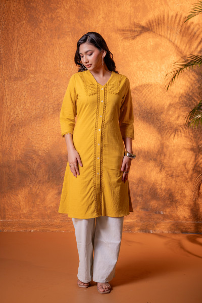 Mustard Lace-Detailed  Kurta
