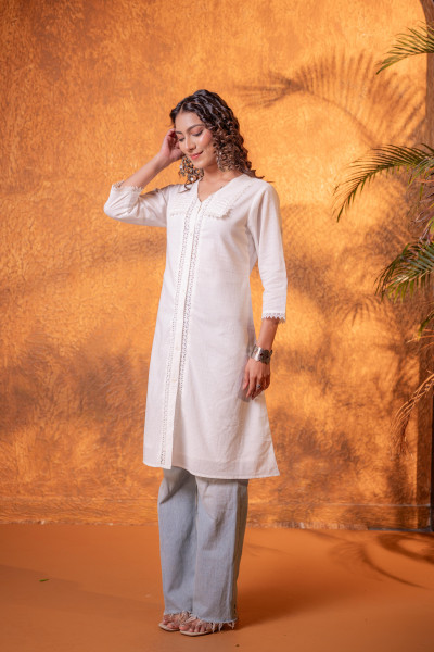 White Lace-Detailed  Kurta