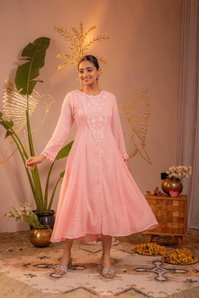 Gulnaar  Peach Blush Lace PatchWork Anarkali Kurta