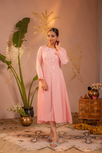 Gulnaar  Peach Blush Lace PatchWork Anarkali Kurta