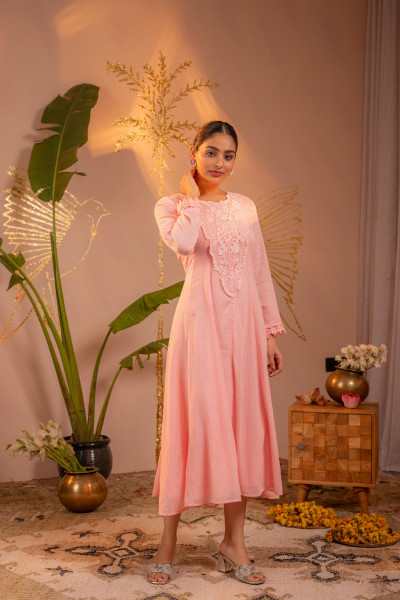 Gulnaar  Peach Blush Lace PatchWork Anarkali Kurta