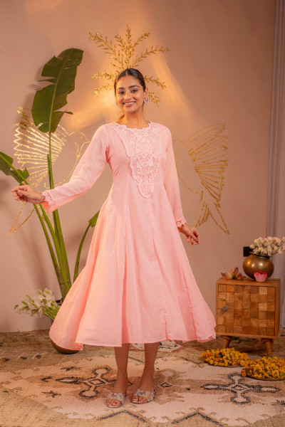 Gulnaar  Peach Blush Lace PatchWork Anarkali Kurta