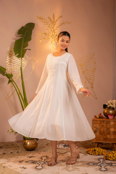 Cotton White Blush Lace PatchWork Anarkali Kurta