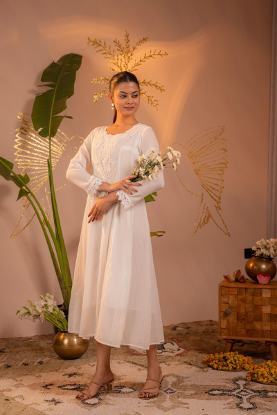 Cotton White Blush Lace PatchWork Anarkali Kurta