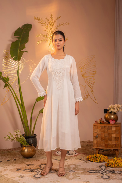 Cotton White Blush Lace PatchWork Anarkali Kurta