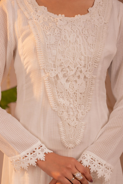 Cotton White Blush Lace PatchWork Anarkali Kurta