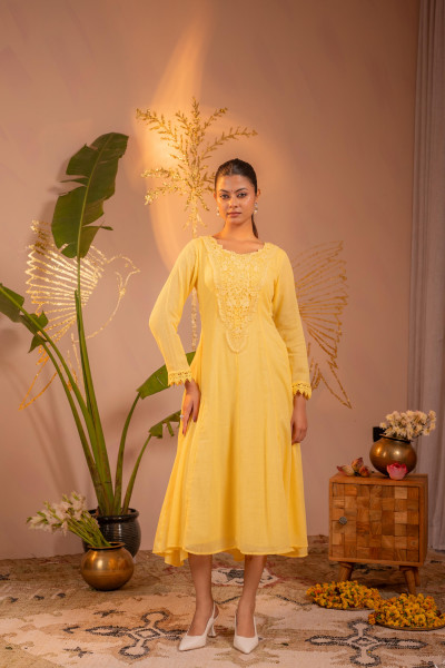 Sunlight Yellow Blush Lace PatchWork Anarkali Kurta