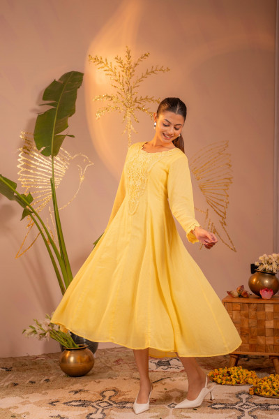 Sunlight Yellow Blush Lace PatchWork Anarkali Kurta