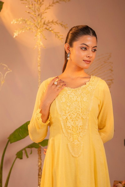 Sunlight Yellow Blush Lace PatchWork Anarkali Kurta