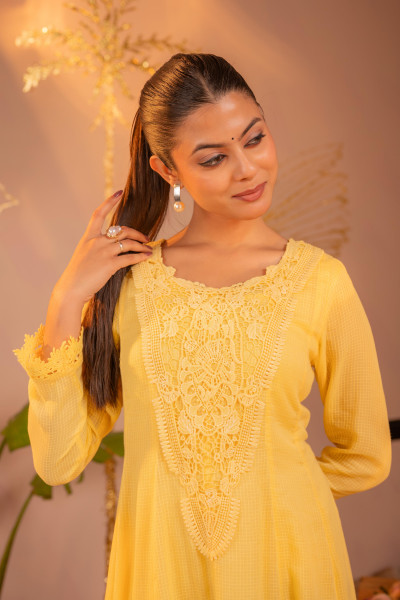 Sunlight Yellow Blush Lace PatchWork Anarkali Kurta