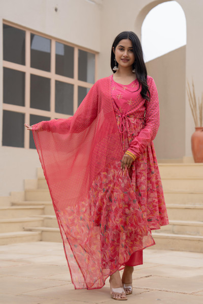 Fuchsia Floral Printed Cotton Kurta Set With Thread Work & Doris