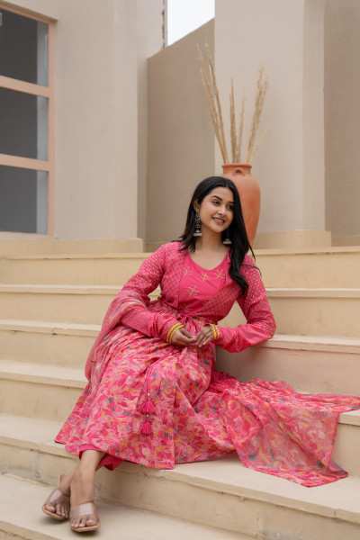 Fuchsia Floral Printed Cotton Kurta Set With Thread Work & Doris