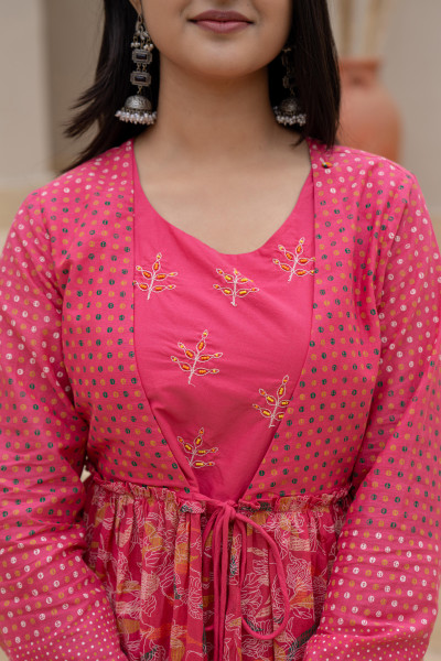 Fuchsia Floral Printed Cotton Kurta Set With Thread Work & Doris