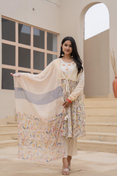 Ivory Floral Printed Cotton Kurta Set With Thread Work & Doris