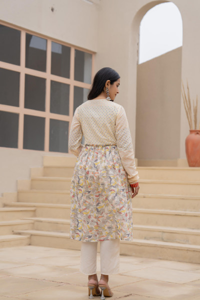 Ivory Floral Printed Cotton Kurta Set With Thread Work & Doris