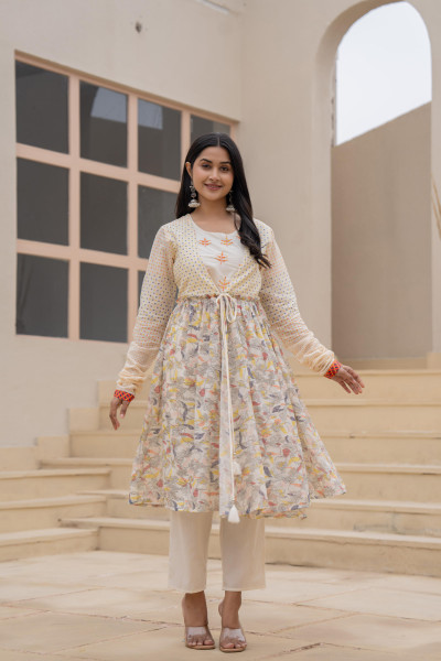 Ivory Floral Printed Cotton Kurta Set With Thread Work & Doris