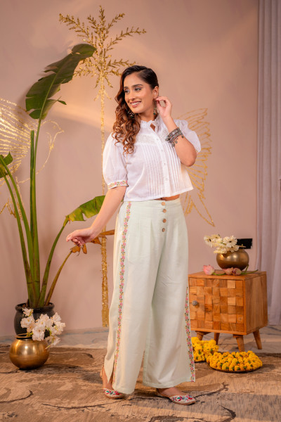 PistaGreen & White  Bloom Pintuck Co-Ord Set