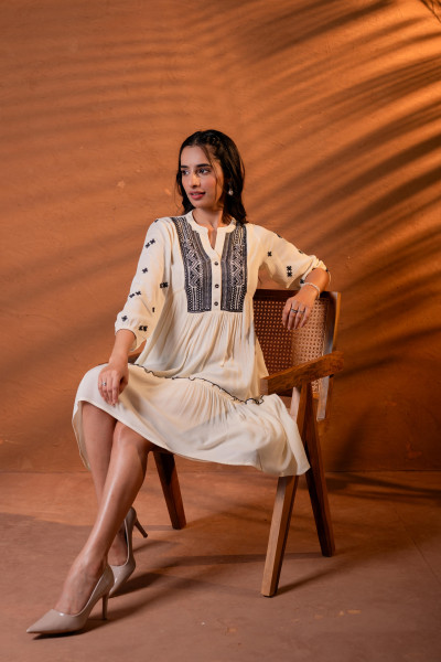 Beige Embroidered Viscose Tiered Short Dress
