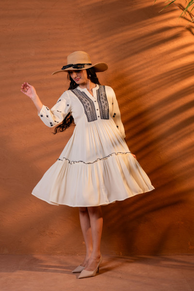 Beige Embroidered Viscose Tiered Short Dress