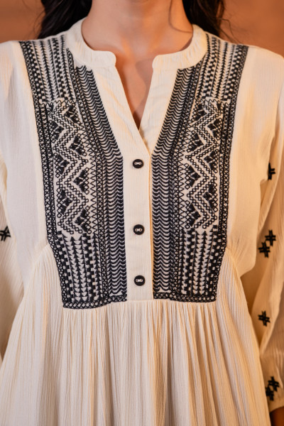 Beige Embroidered Viscose Tiered Short Dress