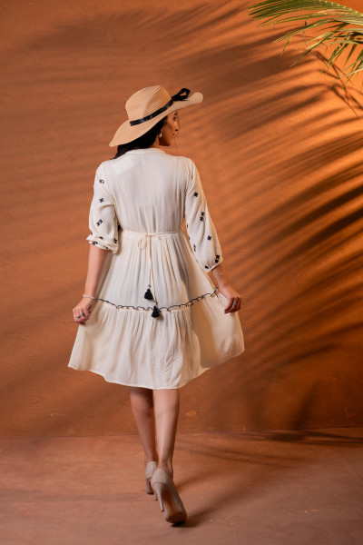 Beige Embroidered Viscose Tiered Short Dress