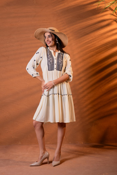 Beige Embroidered Viscose Tiered Short Dress