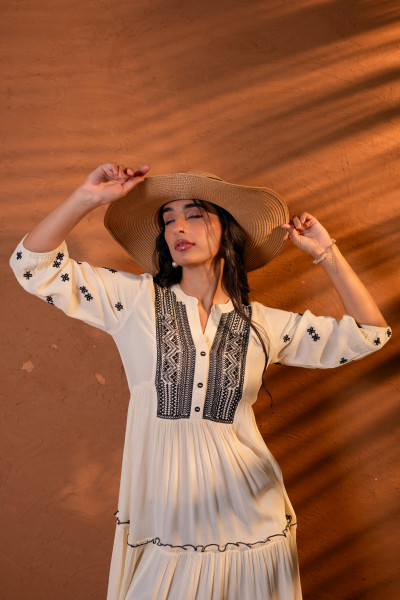 Beige Embroidered Viscose Tiered Short Dress