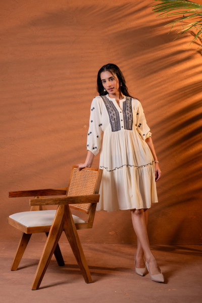 Beige Embroidered Viscose Tiered Short Dress