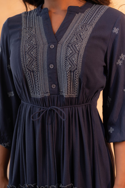 Blue Embroidered Viscose Tiered Short Dress