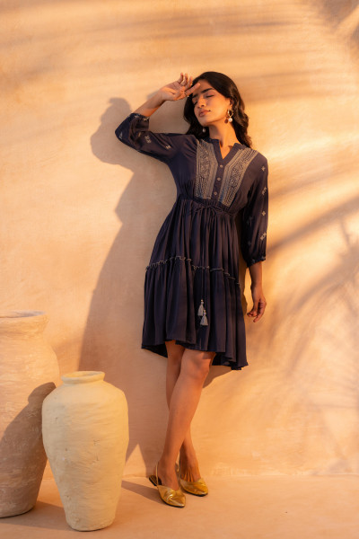 Blue Embroidered Viscose Tiered Short Dress