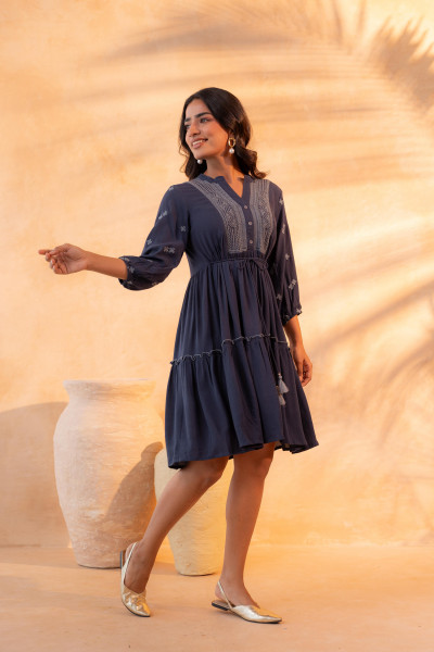 Blue Embroidered Viscose Tiered Short Dress