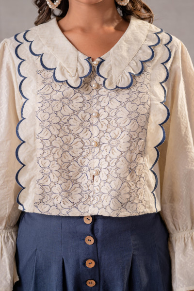 Off-White Scallop Bloom Top with Navy Tailored Pants