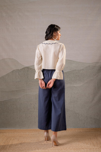 Off-White Scallop Bloom Top with Navy Tailored Pants