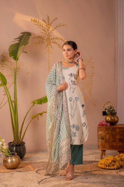 Ivory &amp; Teal Botanical Printed Sleeveless Kurta Set with Striped Dupatta