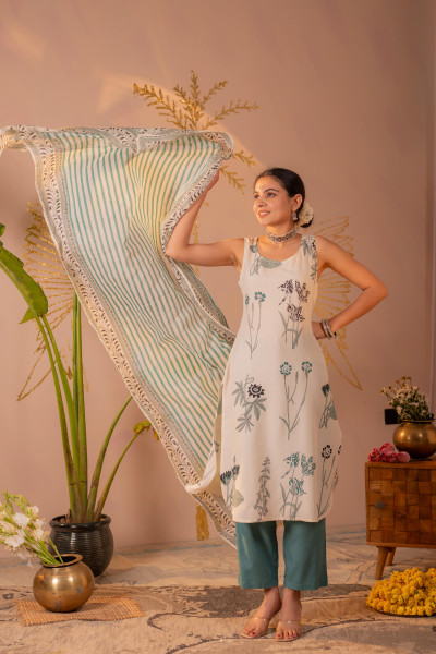 Ivory & Teal Botanical Printed Sleeveless Kurta Set with Striped Dupatta