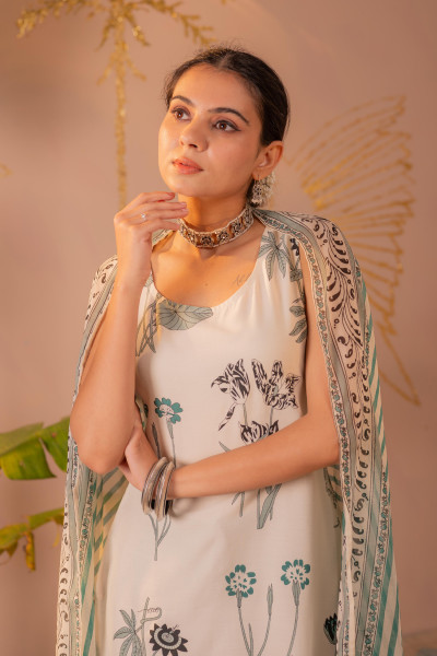 Ivory & Teal Botanical Printed Sleeveless Kurta Set with Striped Dupatta