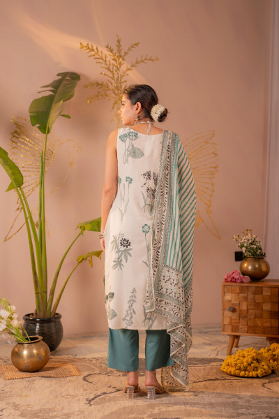 Ivory & Teal Botanical Printed Sleeveless Kurta Set with Striped Dupatta