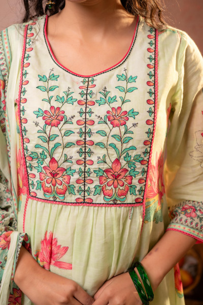 Pistachio Green Floral Printed Anarkali Kurta Set with Coordinated Dupatta