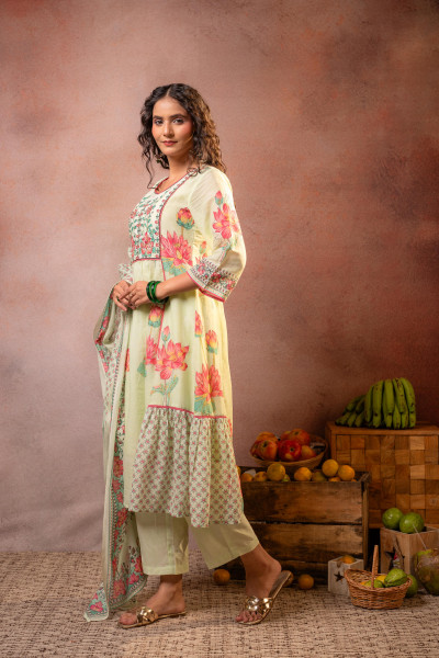 Pistachio Green Floral Printed Anarkali Kurta Set with Coordinated Dupatta