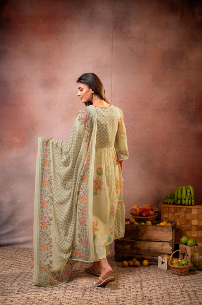 Pistachio Green Floral Printed Anarkali Kurta Set with Coordinated Dupatta