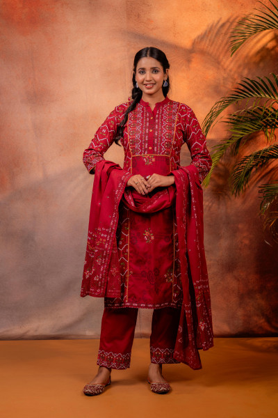 Maroon Ajrakh Printed Straight Kurta Set with Matching Dupatta
