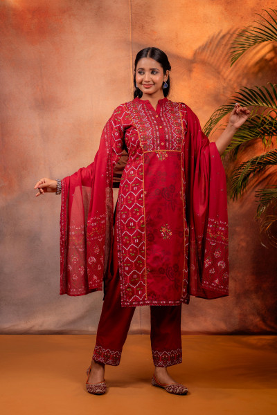 Maroon Ajrakh Printed Straight Kurta Set with Matching Dupatta