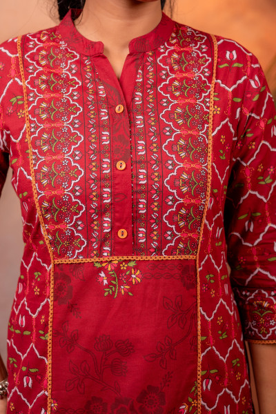 Maroon Ajrakh Printed Straight Kurta Set with Matching Dupatta