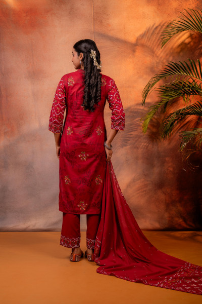 Maroon Ajrakh Printed Straight Kurta Set with Matching Dupatta