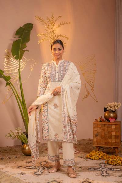 Off-White Ajrakh Printed Straight Kurta Set with Matching Dupatta
