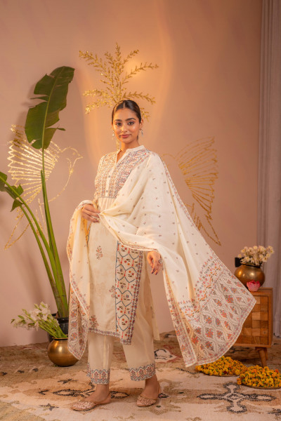 Off-White Ajrakh Printed Straight Kurta Set with Matching Dupatta