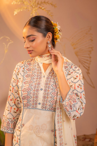 Off-White Ajrakh Printed Straight Kurta Set with Matching Dupatta