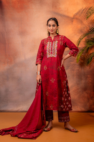 Maroon Embroidered  Kurta Set with Dupatta