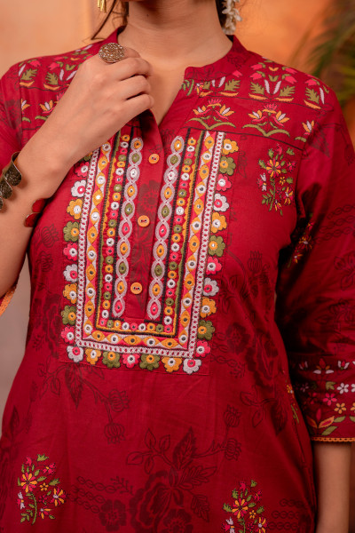 Maroon Embroidered  Kurta Set with Dupatta