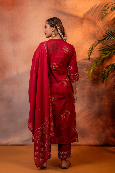 Maroon Embroidered  Kurta Set with Dupatta